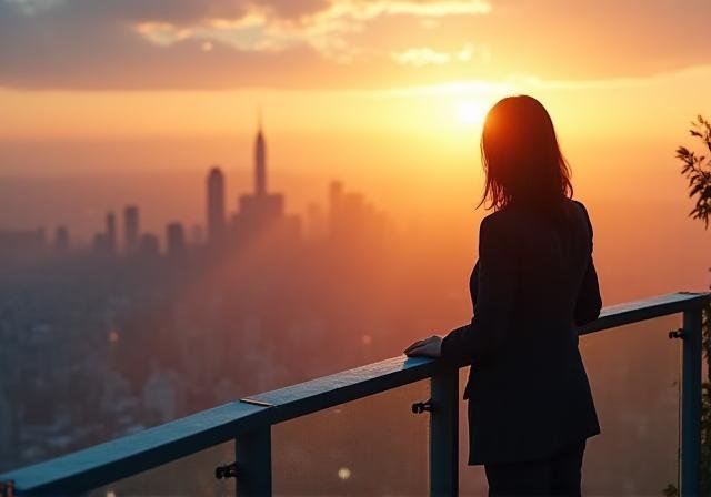 Successful individual reflecting at sunrise